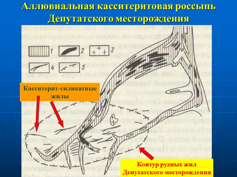 Аллювиальная касситеритовая россыпь Депутатского месторождения Контур рудных жил Депутатского месторождения Касситерит-силикатные  жилы